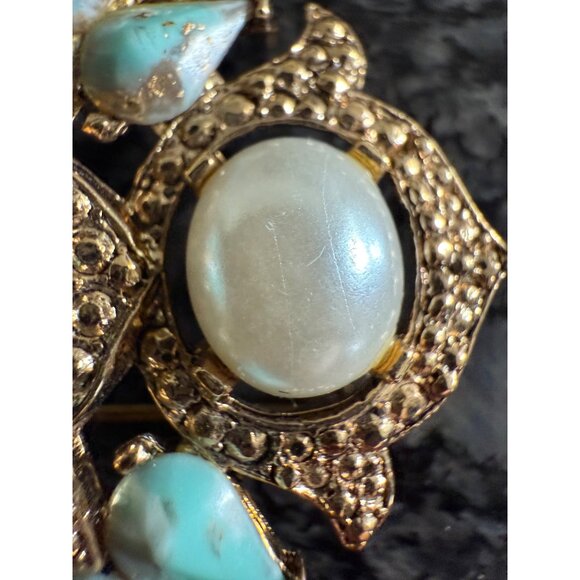 Vintage Sarah Coventry Brooch Faux Turquoise Pearl Stones Gold-Tone Statement - Picture 4 of 8